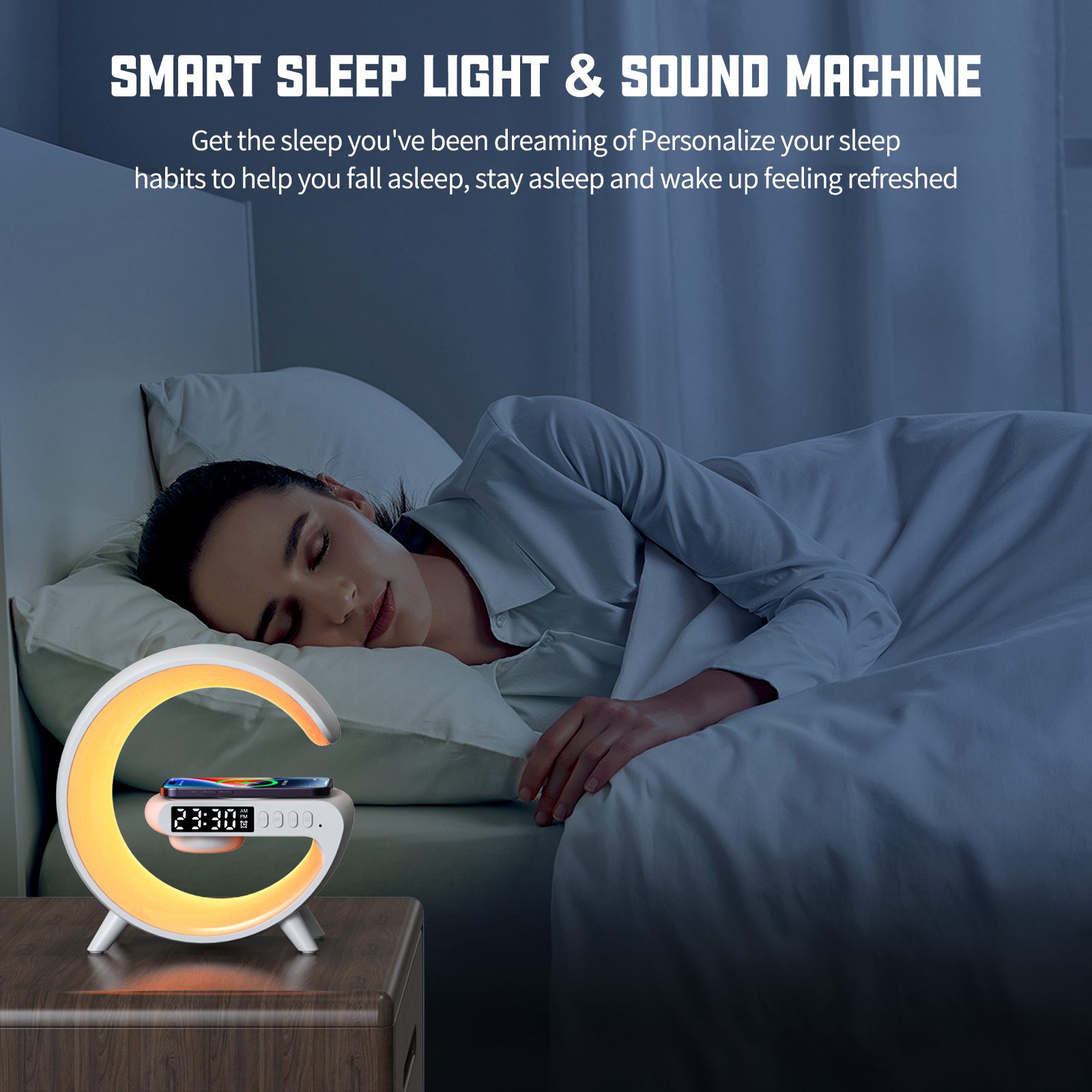 Factory wholesale 2023 6 in 1 G lamp Mini speaker RGB LED night light with wireless charger alarm clock for bedside living room