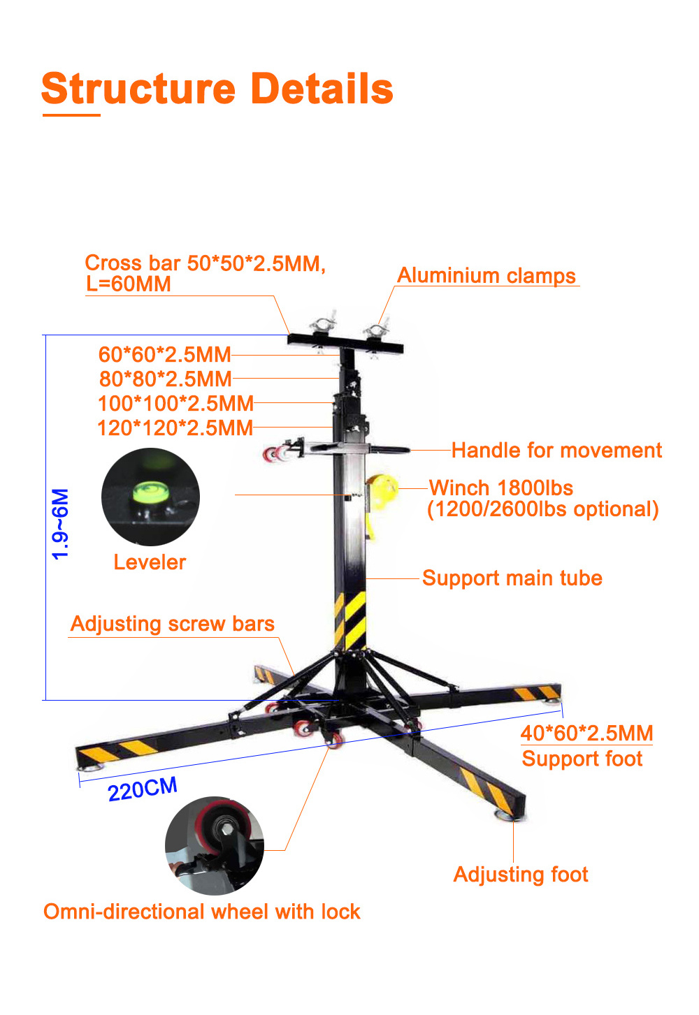 Ava 1.9-6M adjust 250KG load heavy duty 1800lbs winch crank led display line array  speaker lifting tower crank truss stand