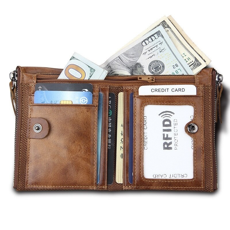 Double Zipper Short RFID Wallet Genuine Leather Purse Male Wallet Men's Handy Portomonee Baellery Money Bag