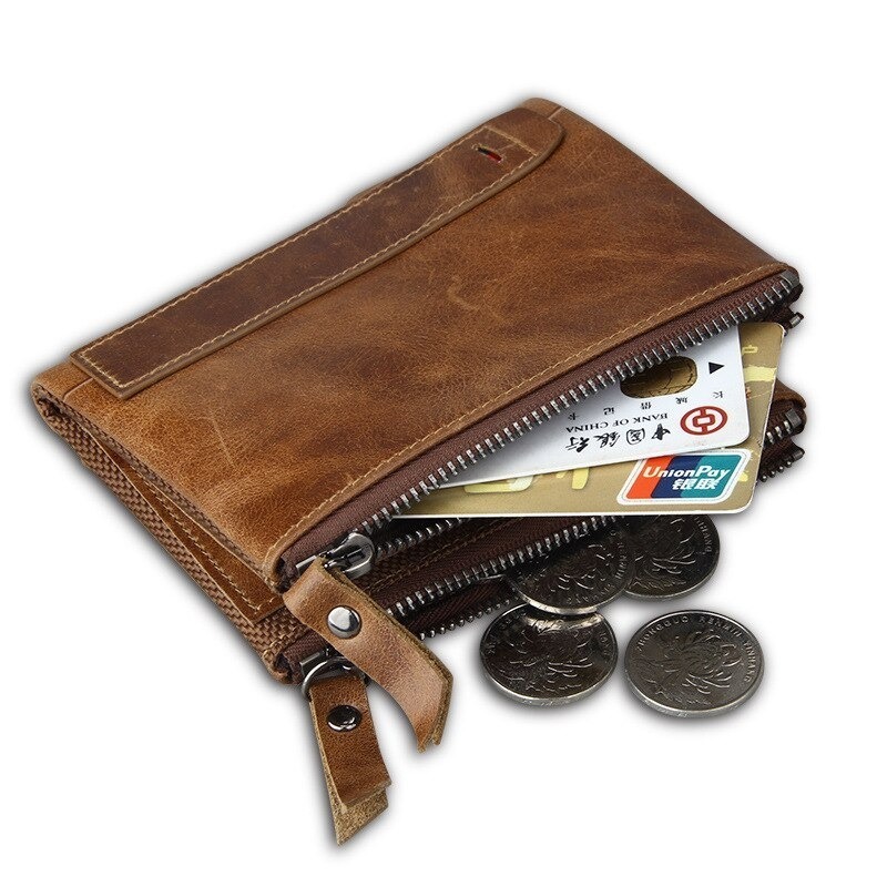 Double Zipper Short RFID Wallet Genuine Leather Purse Male Wallet Men's Handy Portomonee Baellery Money Bag