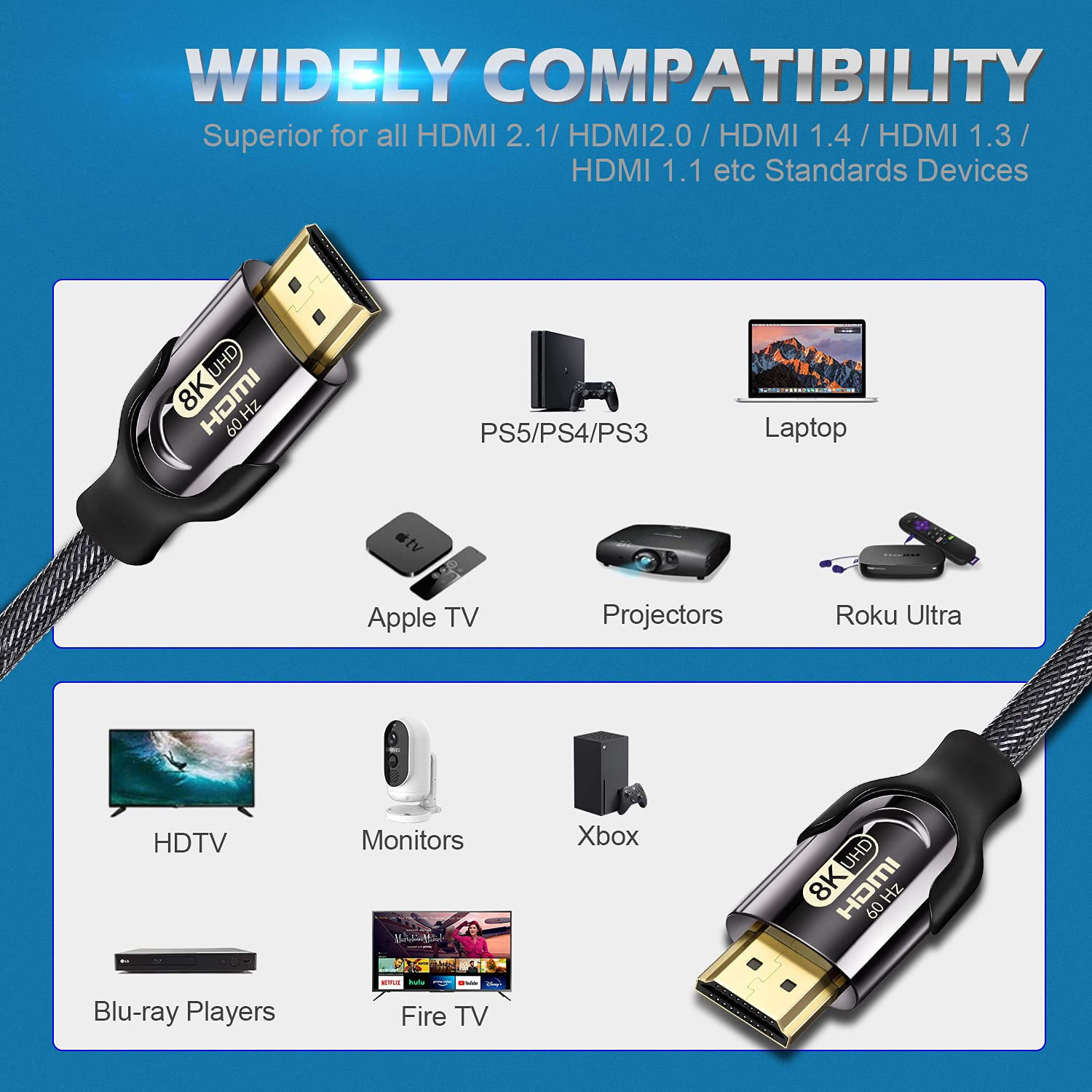 HDMI 2.1 Cable 8K 60Hz 48 Gbps Premium Ultra HD TV HDMI Video Cable 1.5 3m Male to Male HDMI Cable Braided OEM & Stock Wholesale