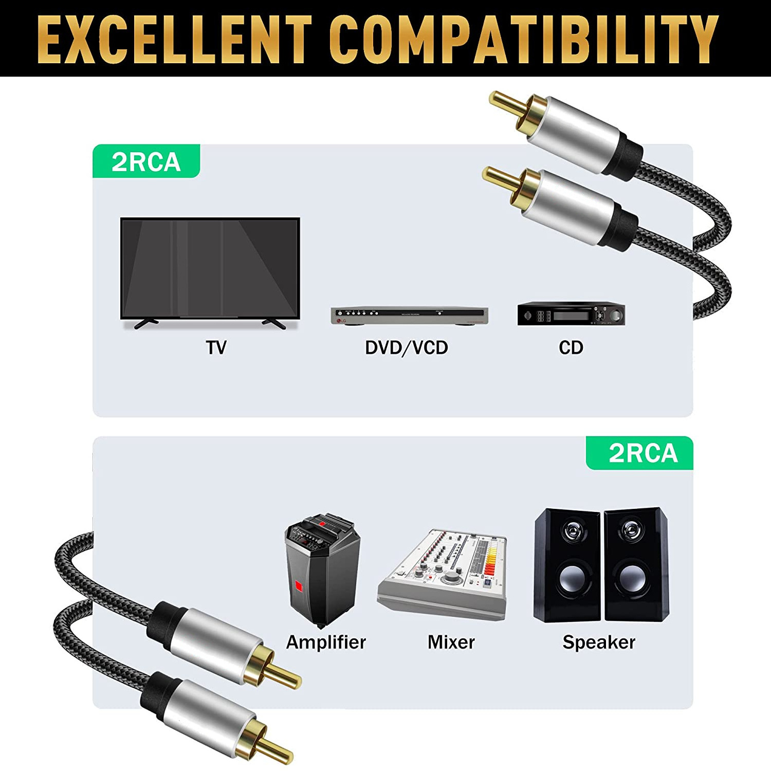 2 Rca to 2 Rca cable car audio Cable Aluminum Alloy oxygen-free copper OFC male gold plated for TV CD DVD