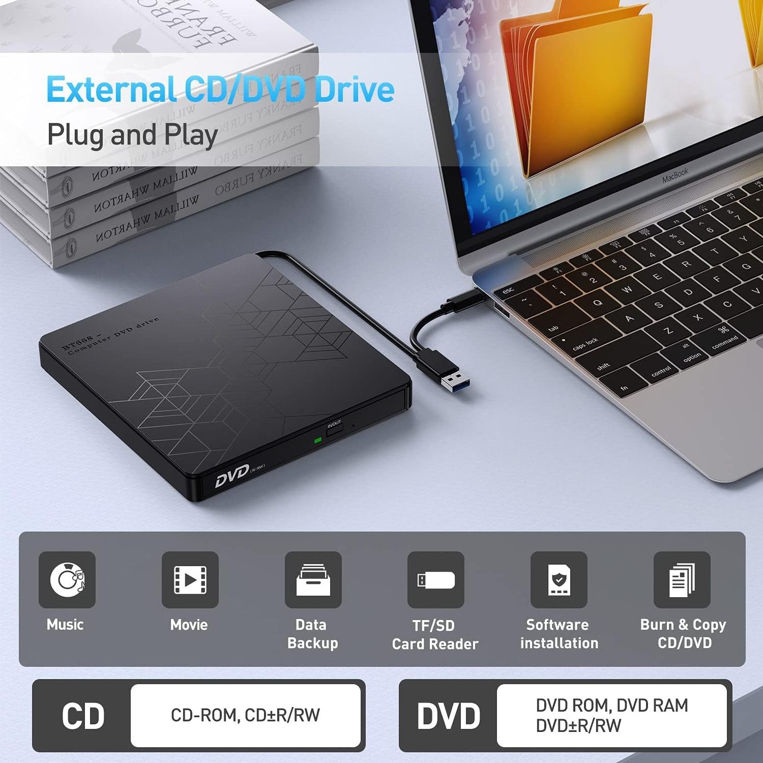 External CD Drive USB 3.0 HUB Portable CD/Dvd +/-Rw Optical Drive Slim DVD Rom Rewriter Burner For Laptop Desktop PC