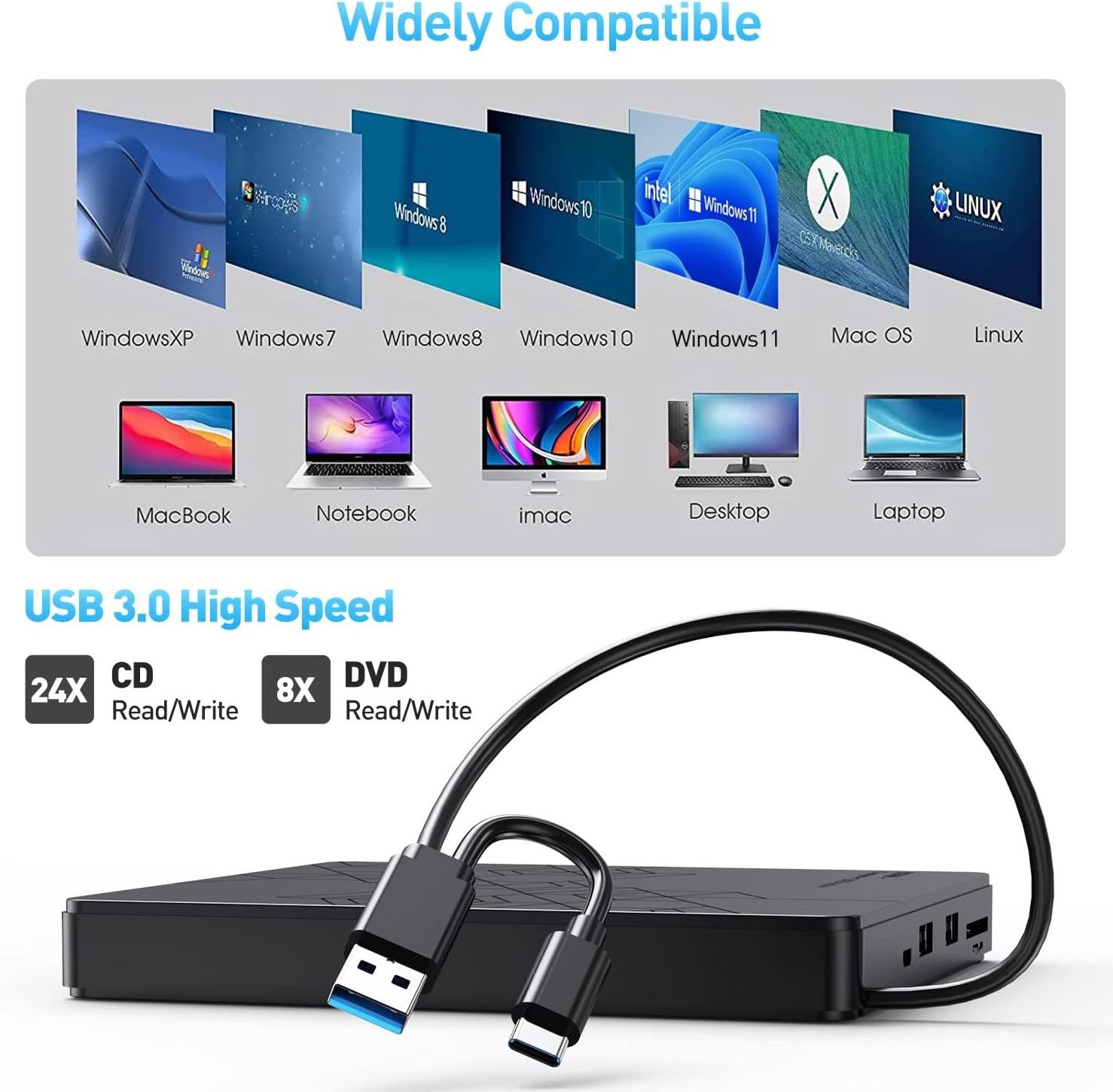 External CD Drive USB 3.0 HUB Portable CD/Dvd +/-Rw Optical Drive Slim DVD Rom Rewriter Burner For Laptop Desktop PC