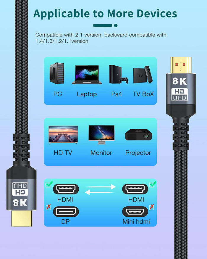 Pass ATC test HDMI2.1 Gold Plated Metal Kabel Movil a Tv Wire Cords Cabo HD Cavo Support 2.1 OEM 4K 120Hz 8K 60hz To HDMi Cable