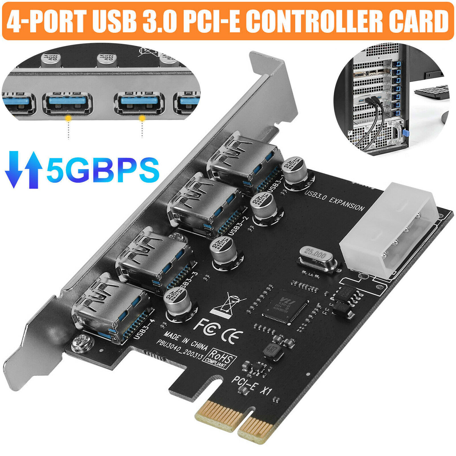 High speed stable 4-Port  PCI-E expansion Card Adapter USB 3.0 pci-e controller card data transfer 5Gbps for PC