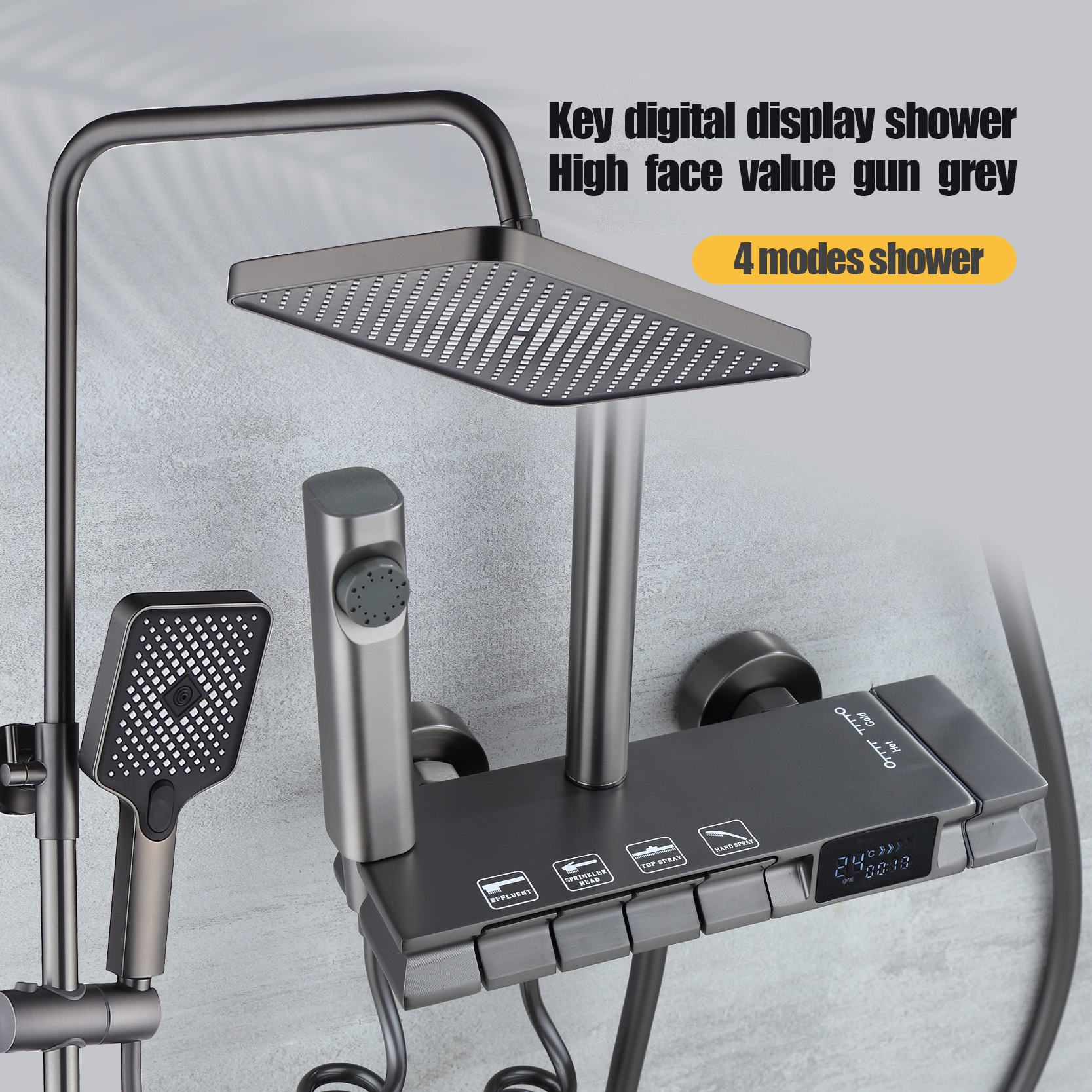 Modern wall mounted Grey Piano Digital Display Shower Set 4-Functions Brass Rain Fall Square Top Sprayer Water Shower Faucet