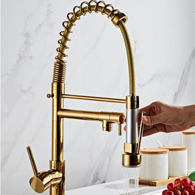 All copper American high pressure pull spring faucet kitchen hot and cold double out faucet big sink gold faucet