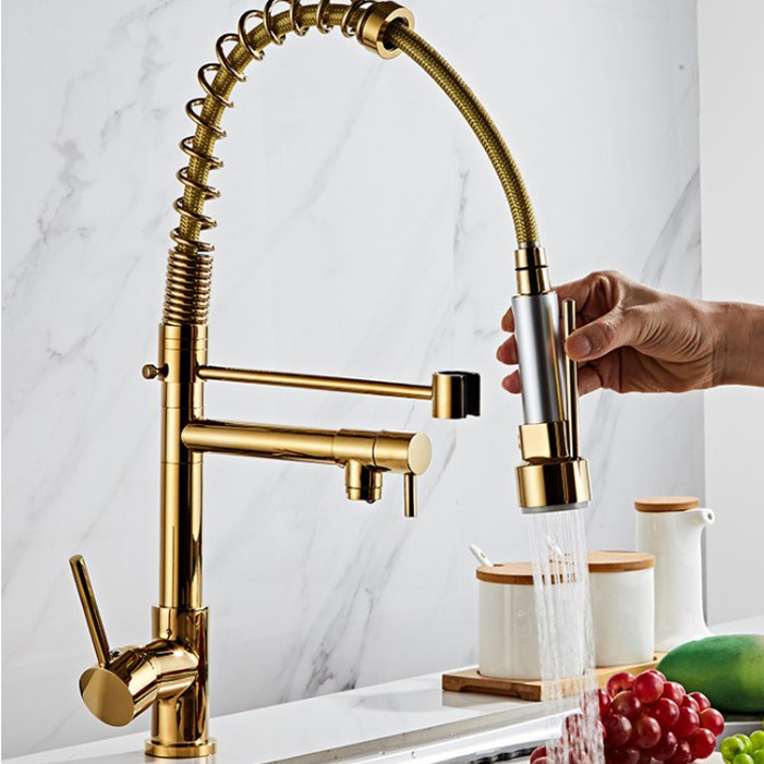 All copper American high pressure pull spring faucet kitchen hot and cold double out faucet big sink gold faucet