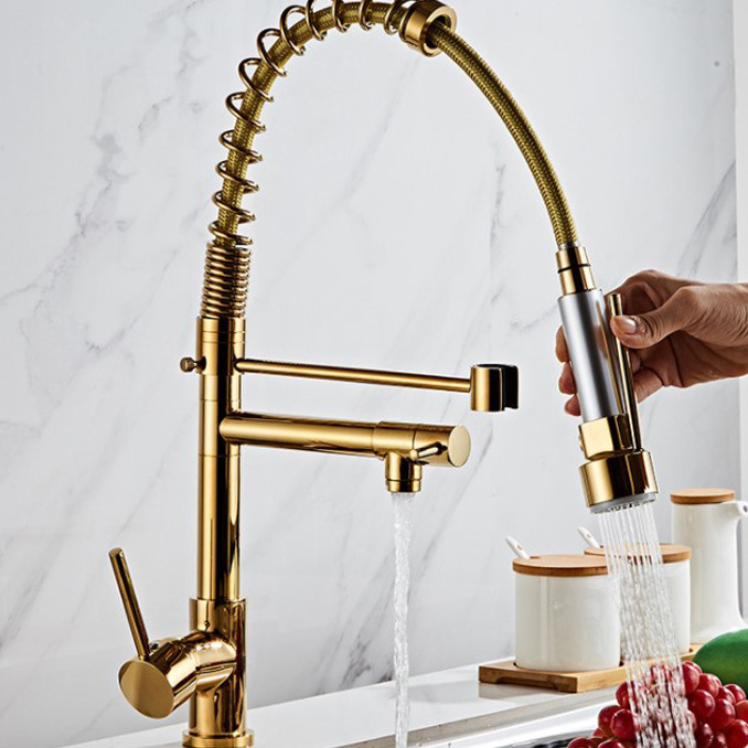 All copper American high pressure pull spring faucet kitchen hot and cold double out faucet big sink gold faucet