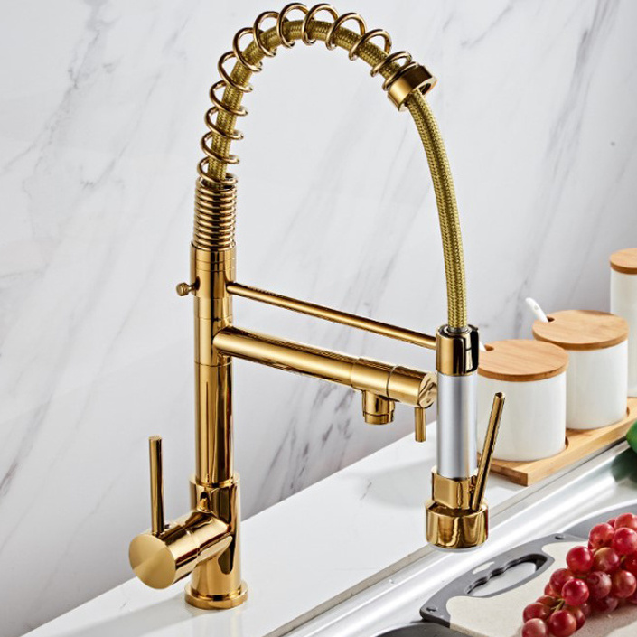 All copper American high pressure pull spring faucet kitchen hot and cold double out faucet big sink gold faucet