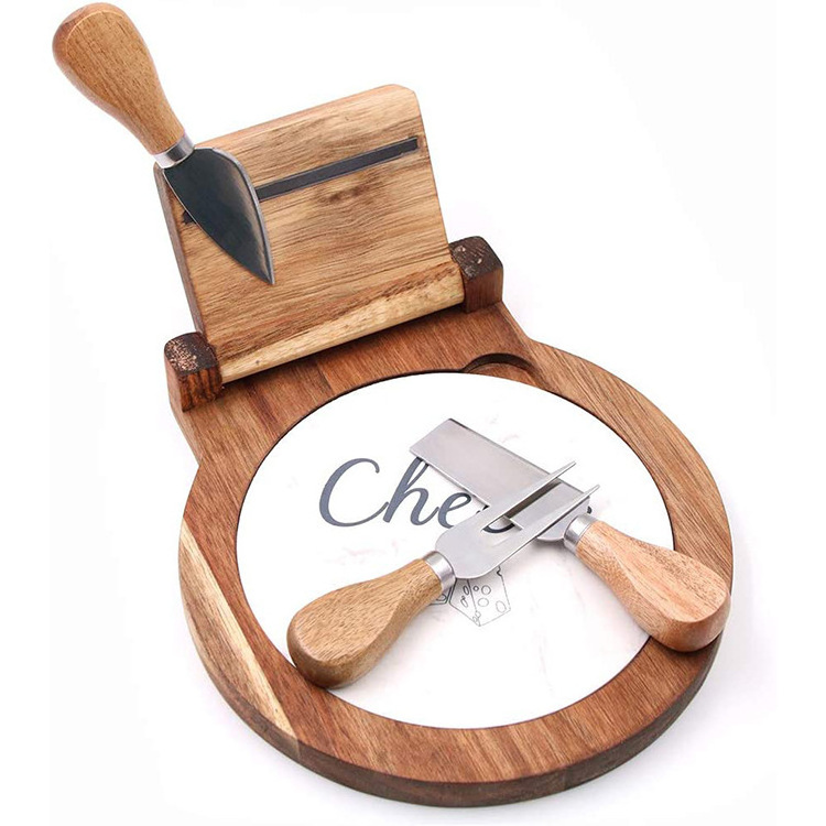 acacia wood rotary cheese board plate with magnet cutlery holder and three stainless steel knives