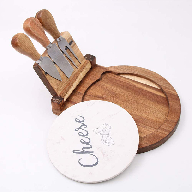 acacia wood rotary cheese board plate with magnet cutlery holder and three stainless steel knives