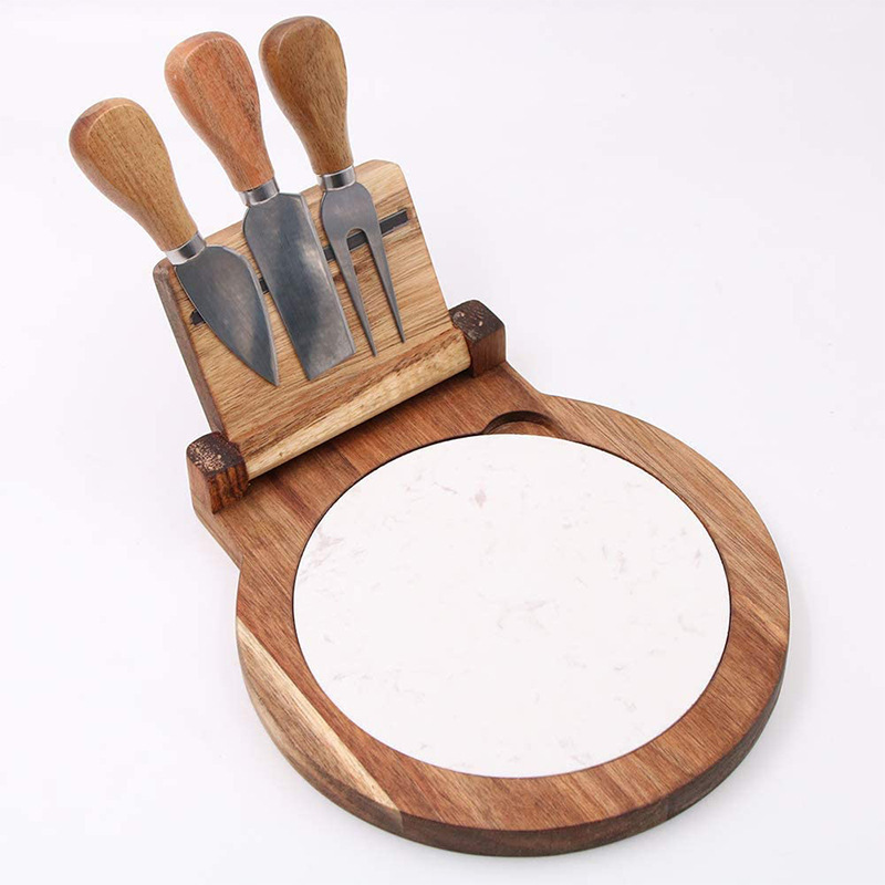 acacia wood rotary cheese board plate with magnet cutlery holder and three stainless steel knives