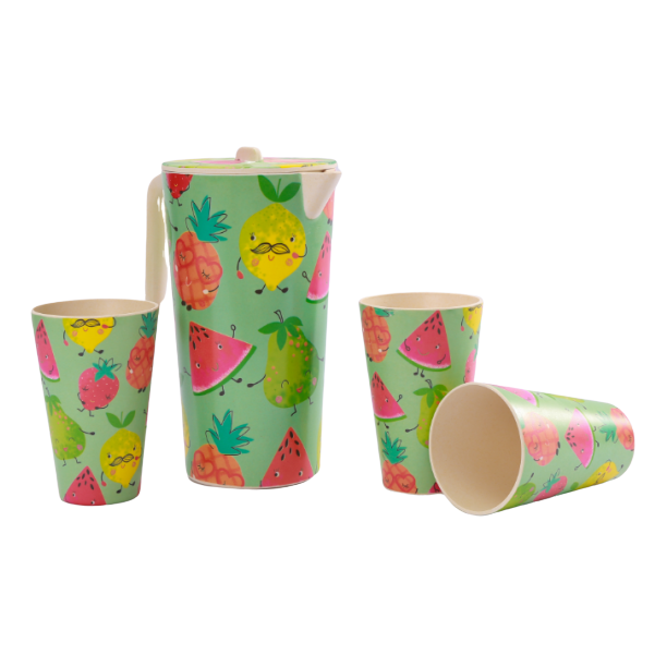 1.65 litre round watermelon bpa free custom bamboo cold water jug set cooler with side handle with 4 14oz bamboo cups