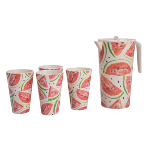 1.65 litre round watermelon bpa free custom bamboo cold water jug set cooler with side handle with 4 14oz bamboo cups