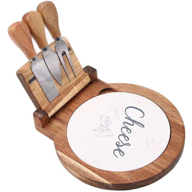 acacia wood rotary cheese board plate with magnet cutlery holder and three stainless steel knives