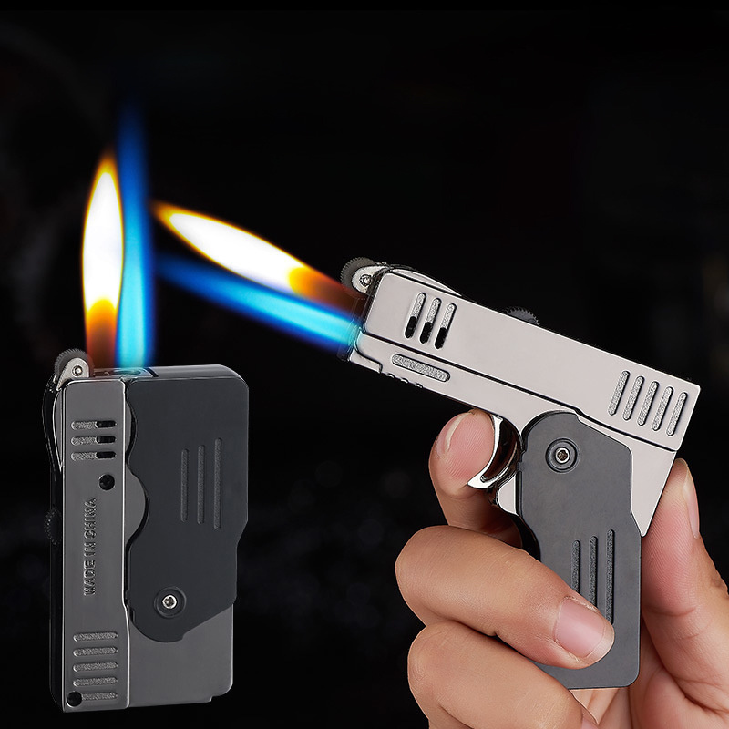 Business Gift Creative Pistol Model Metal Gun Double Fire Torch Butane Gas Jet Cigar Windproof Lighter