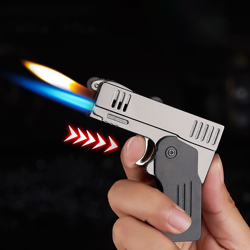 Business Gift Creative Pistol Model Metal Gun Double Fire Torch Butane Gas Jet Cigar Windproof Lighter