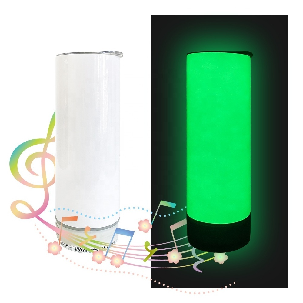 Customized 20 oz Glow in the Dark Skinny Steel Travel  Sublimation Vacuum Bluetooth Speaker Coffee Mug Tumbler with Lid