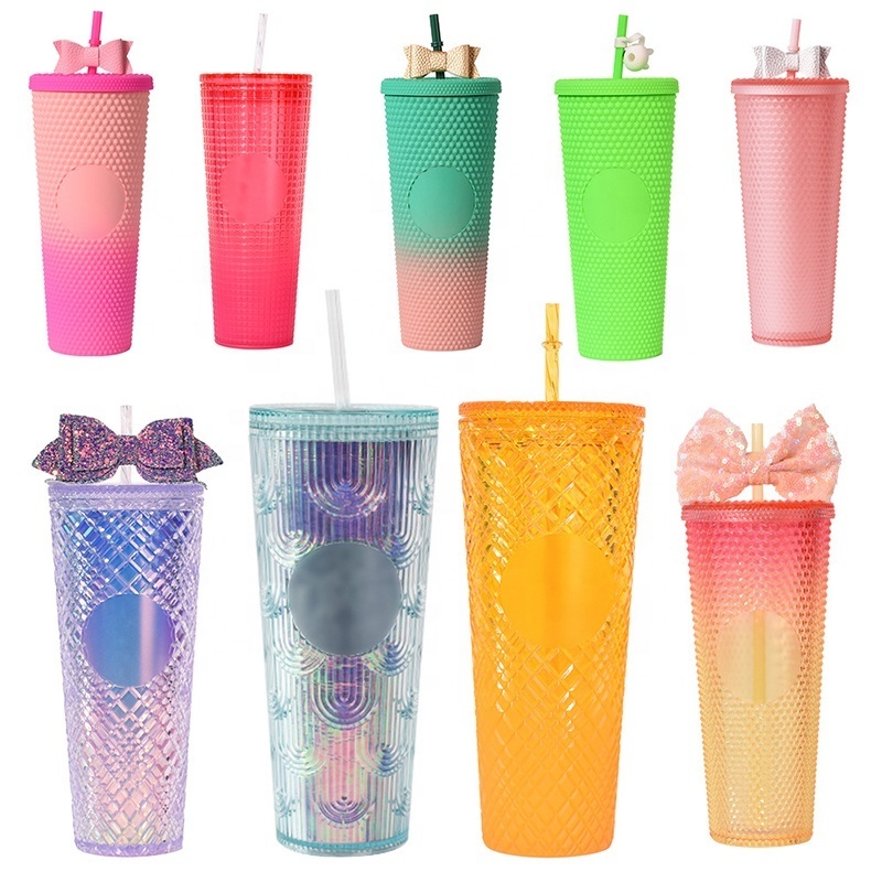 Customize Logo 24 16 oz Double Wall Pink Black Red Blue Bling Glitter Studded Plastic Coffee Tumbler Cup with Lid Straw