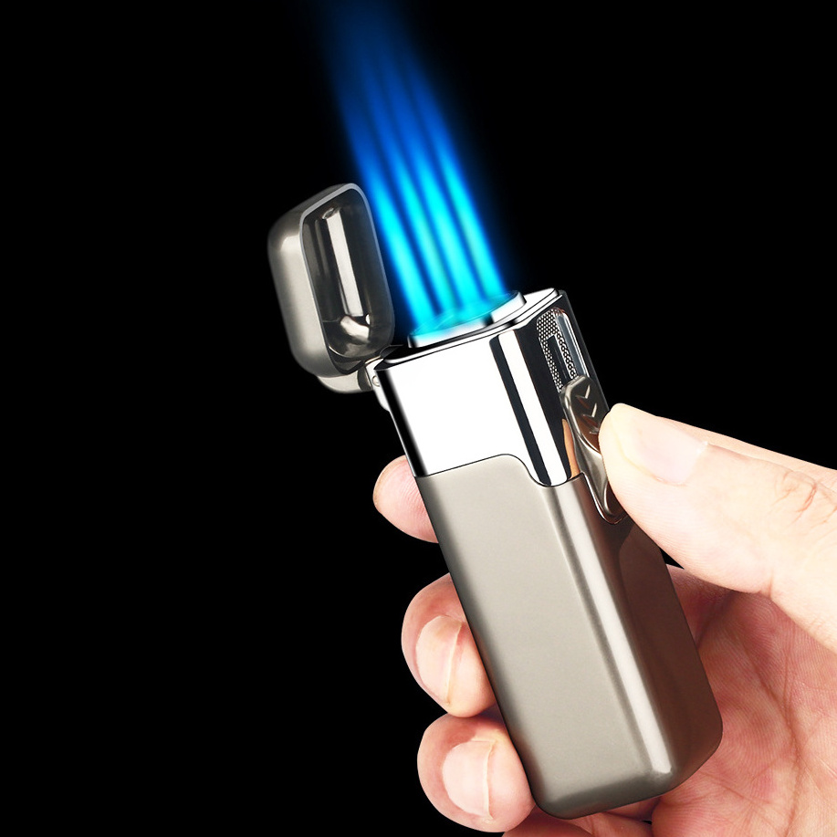 Custom Logo Business Gift Four Straight Blue Flame Inflatable Windproof Cigarette Cigar Butane Gas Lighter