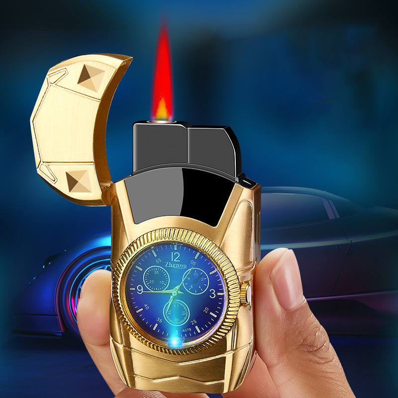 Customized Creative Gift Gold Sports Car Shape Windproof Inflated Butane Cigar Cigarette Lighter with Clock