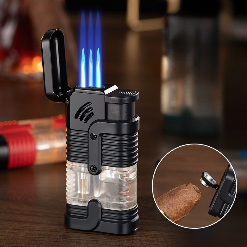 Wholesale Visible Transparent butane inflatable windproof Triple Jet Torch Flame Cigar Cigarette lighter