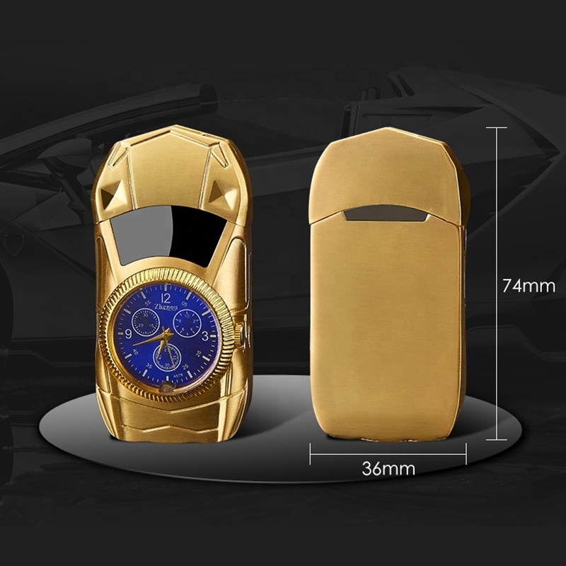 Customized Creative Gift Gold Sports Car Shape Windproof Inflated Butane Cigar Cigarette Lighter with Clock