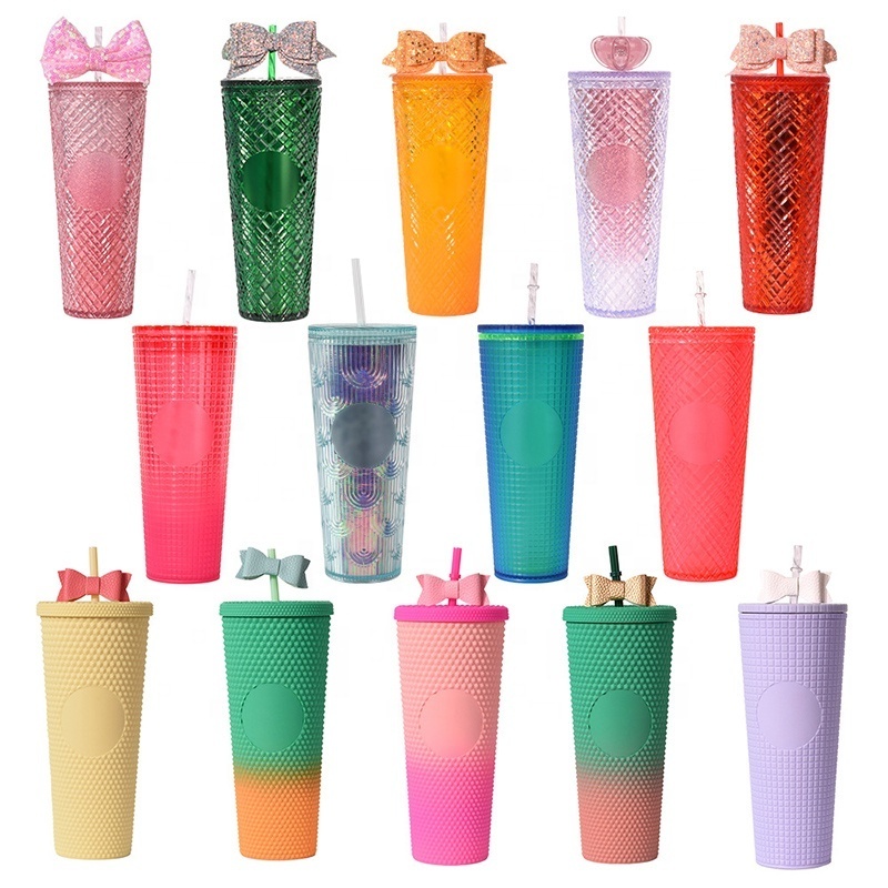 Customize Logo 24 16 oz Double Wall Pink Black Red Blue Bling Glitter Studded Plastic Coffee Tumbler Cup with Lid Straw