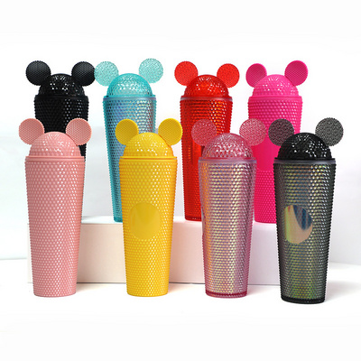 New 24oz Mickey Red Plastic Double Wall Studded Water Cup Tumbler with Lid and Straw