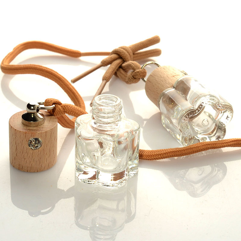 Avertan  Wooden Cap Glass Bottle 5ml 6ml flower Shape Car Vent Air Freshener Diffuser Perfume Hanging Bottles Empty