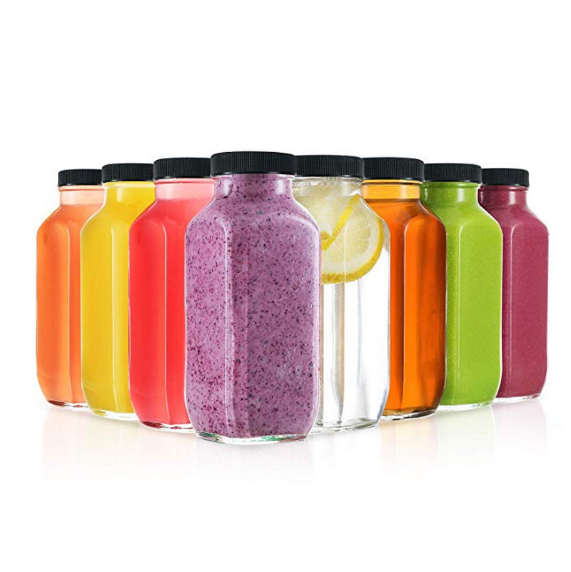 Avertan stocked wholesale 16oz cold pressed french square glass juice bottle with plastic lid