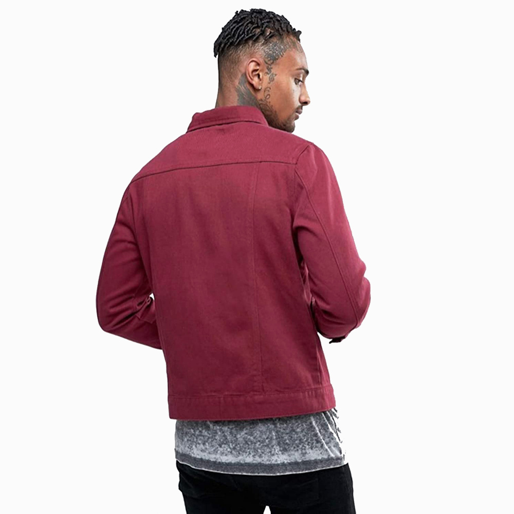 Plain Dyed Denim Jackets Men's Maroon Color Button Cover Jeans Made Jackets For Youth Boys In Bulk Wholesale