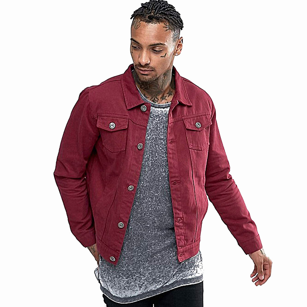 Plain Dyed Denim Jackets Men's Maroon Color Button Cover Jeans Made Jackets For Youth Boys In Bulk Wholesale