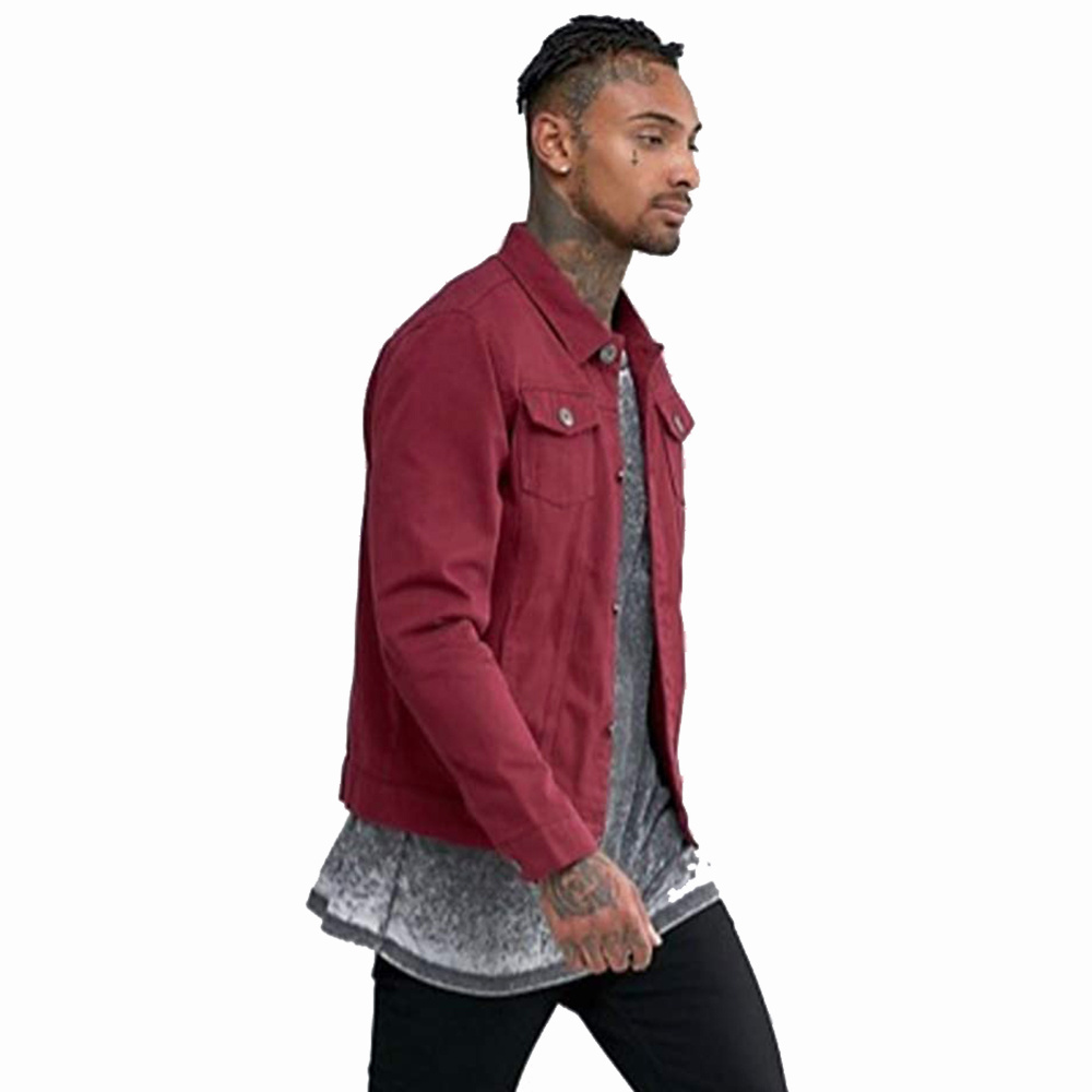 Plain Dyed Denim Jackets Men's Maroon Color Button Cover Jeans Made Jackets For Youth Boys In Bulk Wholesale