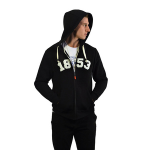 Gym Workout Wear Hoodies For Men Zipper Up Side Pockets Black Color With Embroidery Design