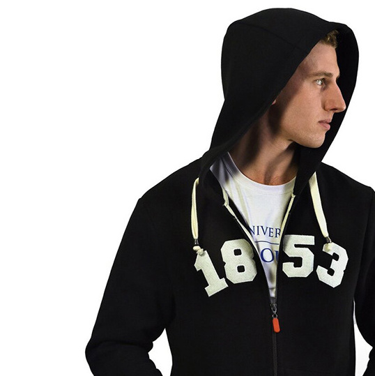 Gym Workout Wear Hoodies For Men Zipper Up Side Pockets Black Color With Embroidery Design