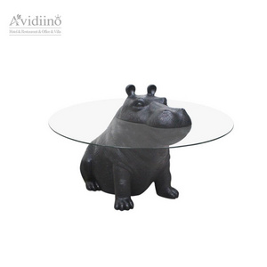 Nordic hippo design glass round coffee table Creative animal coffee furniture for hotel villa living room side table