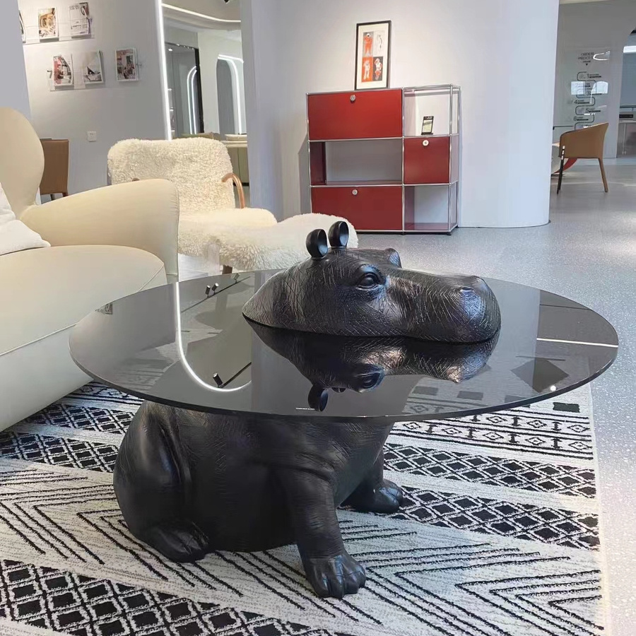 Nordic hippo design glass round coffee table Creative animal coffee furniture for hotel villa living room side table