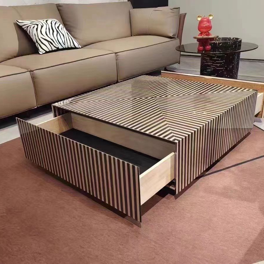 Modern  minimalist Antique Square Center Coffee Tables New arrive striped Wooden Glass living room furniture