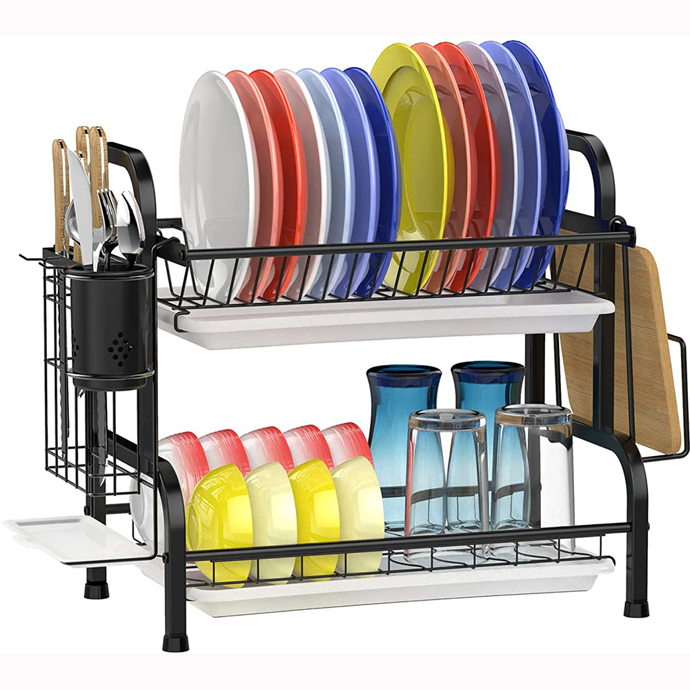 Wholesales Space SavingDish Drying Rack Stainless Steel 2 Tier Dish Rack with Drainboard Utensils Holder Rustproof Dish Drainer