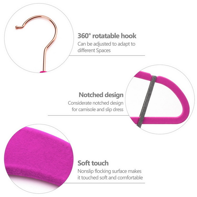 Wholesale Fuchsia Velvet Clothes Hangers Sturdy Non-Slip Gold Rotatable Hook Garment Velvet Hanger