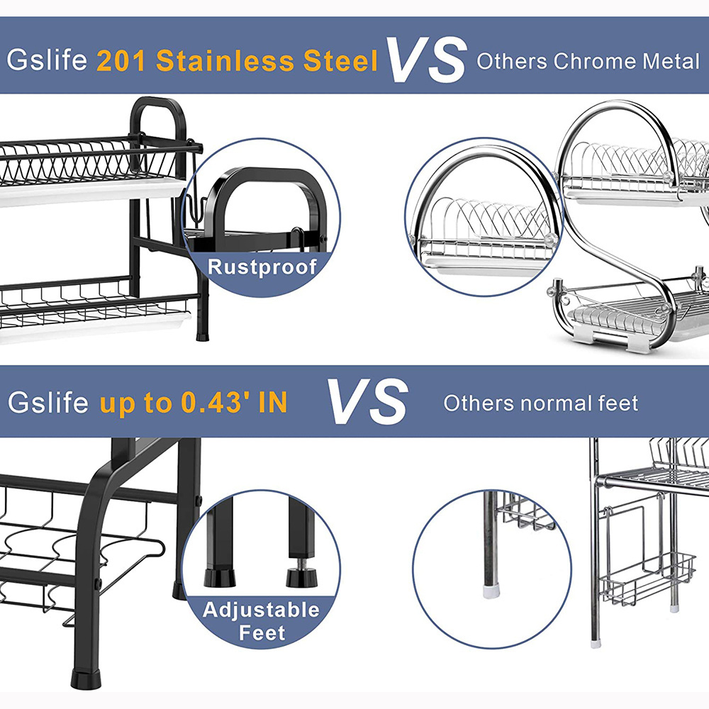 Wholesales Space SavingDish Drying Rack Stainless Steel 2 Tier Dish Rack with Drainboard Utensils Holder Rustproof Dish Drainer