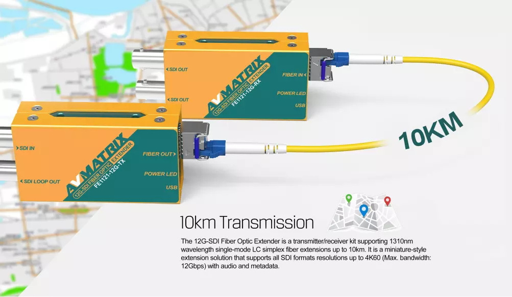 AVMATRIX FE1121-12G 12G-SDI 12G Bandwidth 10km Distance SFP LC Fiber Transmitter Receiver Fiber Optic Extender