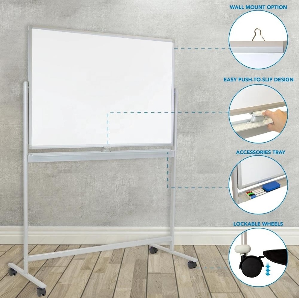 Double Sided Mobile Magnetic Dry Erase Writing White Board with Movable Metal Castors for School and Classroom