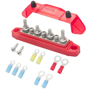 Edge BBS43-R Bus Bar 4 x 1/4in Studs, 3 x #8 Screw Terminals Power Distribution Block with Ring Terminals (Single Red)