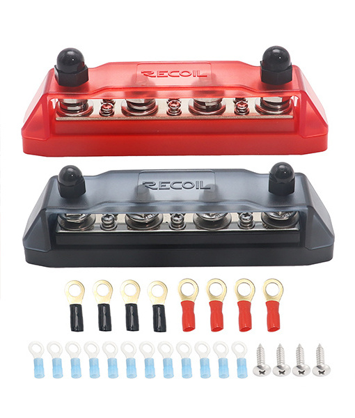 Edge BBS43-P Bus Bar 4 x 1/4IN Studs, 3 x #8 Screw Terminals Power Distribution Block with Ring Terminals (Pair Red & Black)