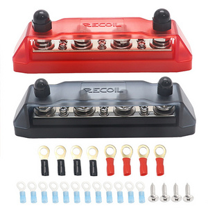 Edge BBS43-P Bus Bar 4 x 1/4IN Studs, 3 x #8 Screw Terminals Power Distribution Block with Ring Terminals (Pair Red & Black)