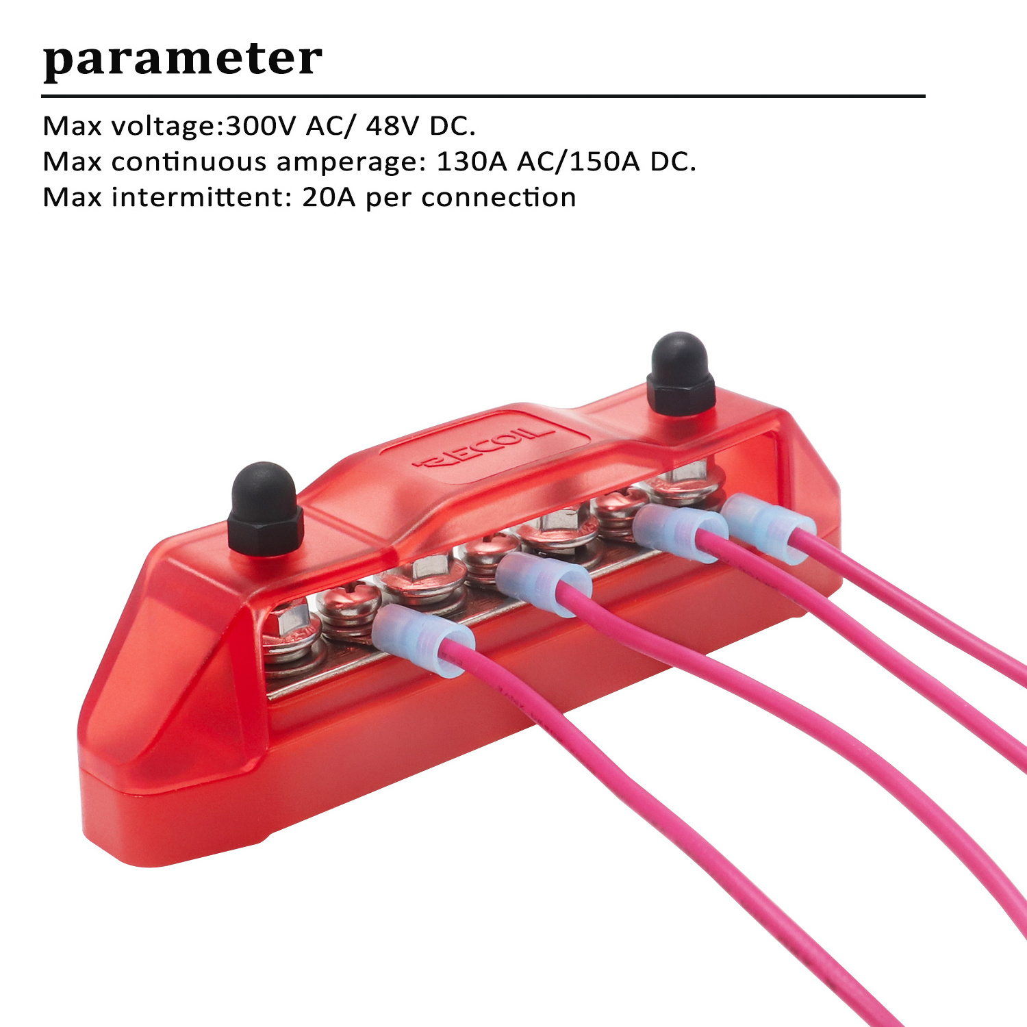 Edge BBS43-R Bus Bar 4 x 1/4in Studs, 3 x #8 Screw Terminals Power Distribution Block with Ring Terminals (Single Red)